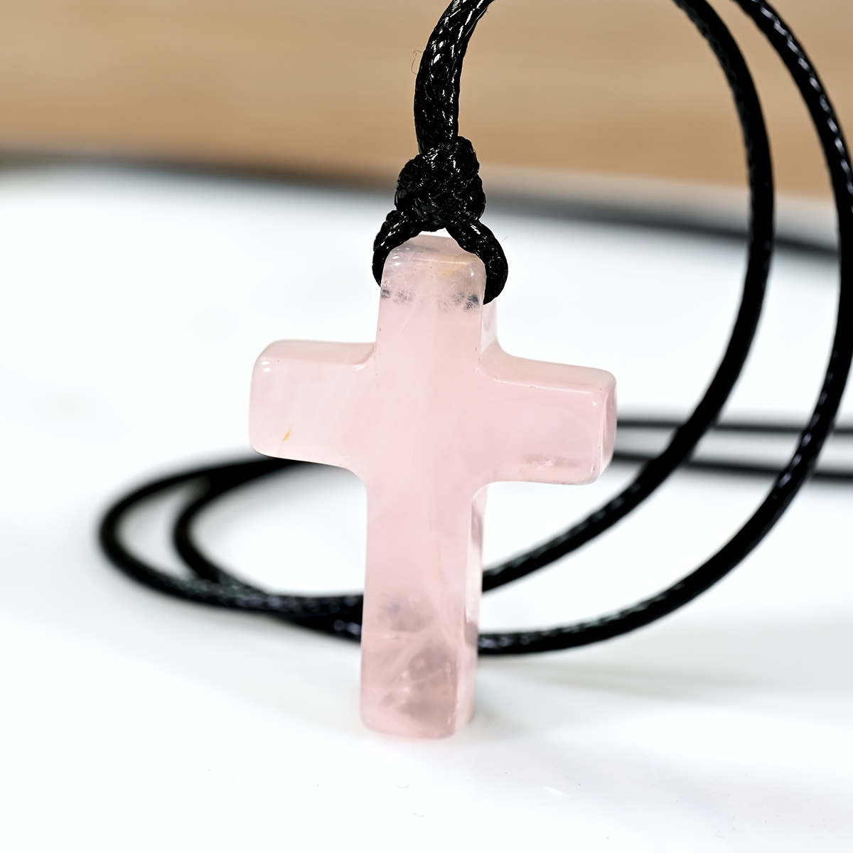 Rose Quartz Cross Pendant Necklace, Retro Style